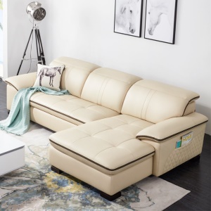 顾家家居 简约现代真皮沙发头层牛皮客厅家具皮艺沙发 8086 【30天发货】3+躺右米白色