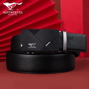 七匹狼皮带男真皮纯牛皮男士腰带青年中年时尚商务自动扣裤腰带休闲生日礼物送男友送父亲 黑色磨砂款