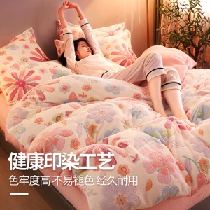 南极人NanJiren 保暖牛奶水晶绒四件套双面 1.5/1.8米床被套200*230cm 珊瑚绒法兰绒被罩公主风床上用品冬季
