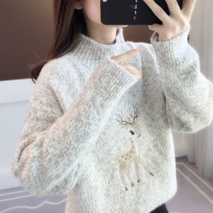 纯迩雪尼尔半高领毛衣女2021年冬季新款针织衫女宽松外穿慵懒秋冬加厚女装打底上衣013 花米色 L