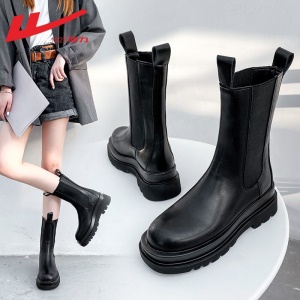 回力女鞋 烟筒靴女士马丁靴女切尔西靴女2021年秋新款ins潮英伦风百搭薄款厚底靴子女短靴女 0176高帮黑色 请选择正确尺码