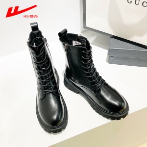 回力马丁靴女2021秋冬季新款女鞋单靴厚底小个子棉靴加绒加棉保暖女靴系带软皮短靴女 黑色B 37