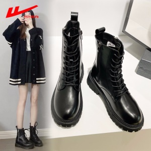 回力马丁靴女2021秋冬季新款女鞋单靴厚底小个子棉靴加绒加棉保暖女靴系带软皮短靴女 黑色B 37