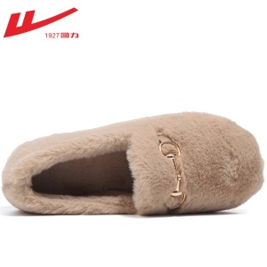 回力 豆豆鞋女鞋加绒棉保暖鞋2021新品秋冬季女士羊羔毛平底百搭懒人一脚蹬单鞋毛毛鞋子女 棕色（马衔扣款） 0110 38