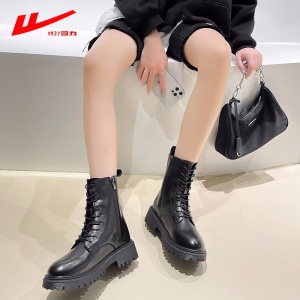 回力马丁靴女2021秋冬季新款女鞋单靴厚底小个子棉靴加绒加棉保暖女靴系带软皮短靴女 黑色B 37