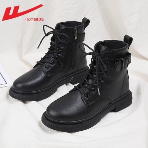 回力女鞋 马丁靴女士短靴女2021秋季新款英伦风单靴潮ins酷百搭薄款厚底靴子女 0295黑色 请选择正确尺码