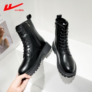 回力马丁靴女2021秋冬季新款女鞋单靴厚底小个子棉靴加绒加棉保暖女靴系带软皮短靴女 黑色B 37