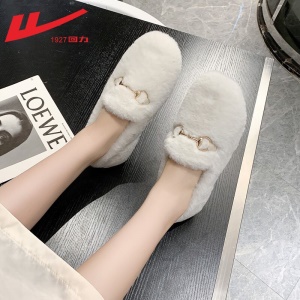 回力女鞋 豆豆鞋女鞋加绒棉保暖2021新品秋冬季女士羊羔毛平底百搭懒人一脚蹬单鞋毛毛鞋子女棉拖鞋 0110白色 请选择正确尺码