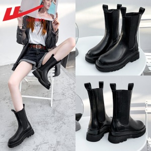 回力女鞋 烟筒靴女士马丁靴女切尔西靴女2021年秋新款ins潮英伦风百搭薄款厚底靴子女短靴女 0176高帮黑色 请选择正确尺码