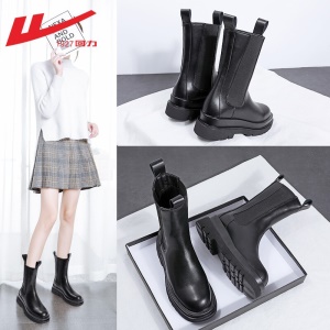 回力女鞋 烟筒靴女士马丁靴女切尔西靴女2021年秋新款ins潮英伦风百搭薄款厚底靴子女短靴女 0176高帮黑色 请选择正确尺码