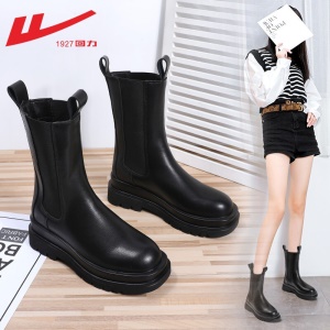 回力女鞋 烟筒靴女士马丁靴女切尔西靴女2021年秋新款ins潮英伦风百搭薄款厚底靴子女短靴女 0176高帮黑色 请选择正确尺码