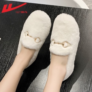 回力女鞋 豆豆鞋女鞋加绒棉保暖2021新品秋冬季女士羊羔毛平底百搭懒人一脚蹬单鞋毛毛鞋子女棉拖鞋 0110白色 请选择正确尺码