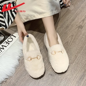 回力女鞋 豆豆鞋女鞋加绒棉保暖2021新品秋冬季女士羊羔毛平底百搭懒人一脚蹬单鞋毛毛鞋子女棉拖鞋 0110白色 请选择正确尺码