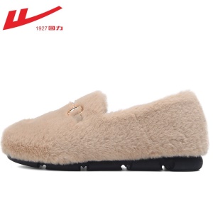 回力 豆豆鞋女鞋加绒棉保暖鞋2021新品秋冬季女士羊羔毛平底百搭懒人一脚蹬单鞋毛毛鞋子女 棕色（马衔扣款） 0110 38